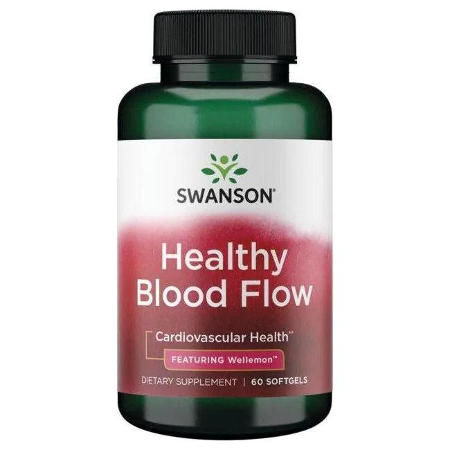 Swanson Healthy Blood Flow supplement bottle supporting cardiovascular health with Wellmon, 60 softgels.