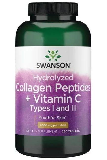 Swanson Hydrolyzed Collagen Peptides with Vitamin C, 250 tablets for youthful skin and joint health.