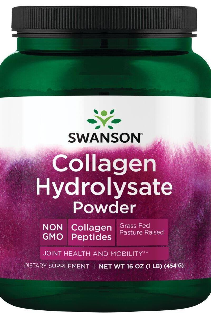 Swanson Hydrolyzed Collagen Powder 454g, supports joint health, skin condition, and tissue regeneration.