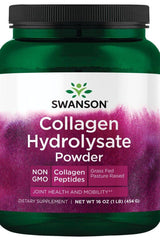 Swanson Hydrolyzed Collagen Powder 454g, supports joint health, skin condition, and tissue regeneration.