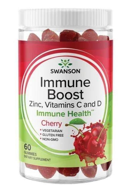 Swanson Immune Boost Cherry Gummies, 60-count, supports immune health with zinc and vitamins C and D.