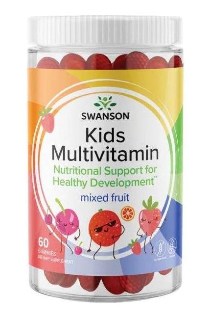 Swanson Kids Multivitamin gummy jar with mixed fruit flavor for healthy development, 60 gummies.