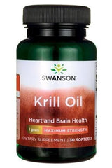 Swanson Krill Oil supplement bottle for heart and brain health, maximum strength, 30 softgels.