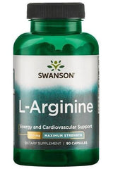 Swanson L-Arginine maximum strength supplement bottle with 90 capsules for energy and cardiovascular support.