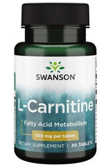Swanson L-Carnitine 500 mg bottle for fatty acid metabolism, dietary supplement with 30 tablets.