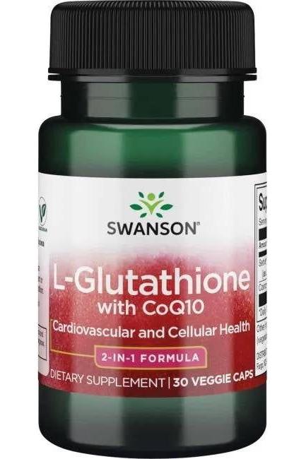 Swanson L-Glutathione with CoQ10 supplement bottle, featuring 30 veggie caps for antioxidant and cellular health.