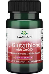 Swanson L-Glutathione with CoQ10 supplement bottle, featuring 30 veggie caps for antioxidant and cellular health.