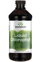 Swanson Liquid Chlorophyll 100 mg dietary supplement bottle, 473 ml, promoting detoxification and immune support.