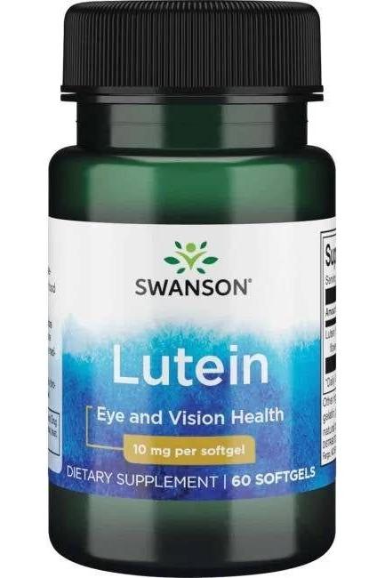 Swanson Lutein softgels, 10 mg per serving, supports eye and vision health, 60 count bottle.