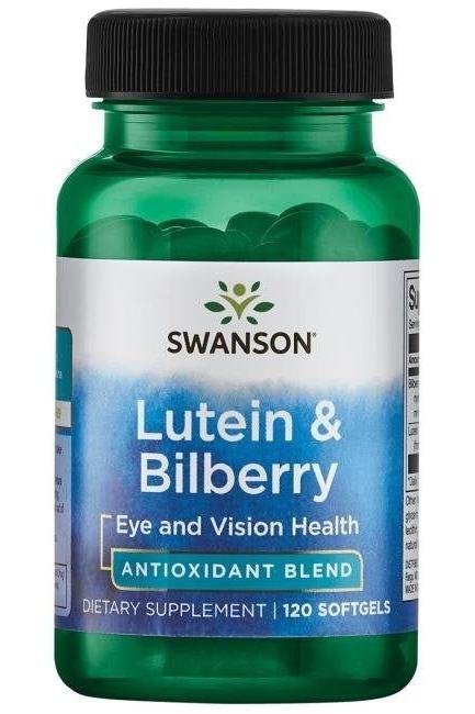 Swanson Lutein & Bilberry supplement for eye health, 120 softgels, featuring antioxidant blend.