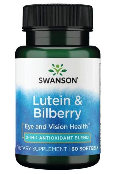 Swanson Lutein & Bilberry eye health supplement bottle with 60 softgels for vision support.