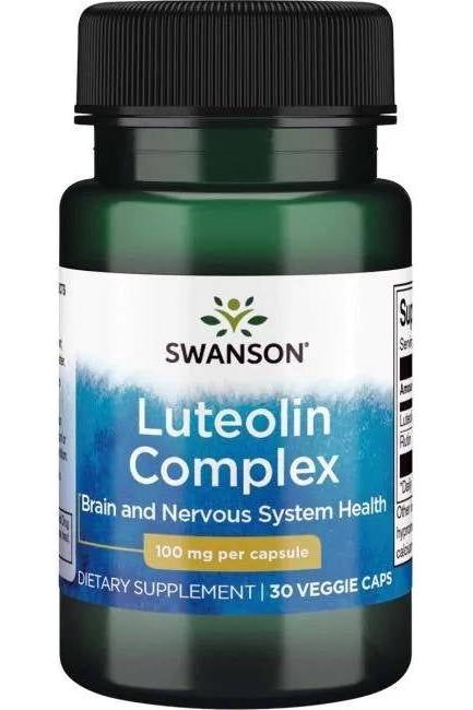 Swanson Luteolin Complex supplement bottle, 30 veggie caps for brain and nervous system health. Swanson Luteolin Complex supplement bottle, 30 veggie caps for brain and nervous system health.