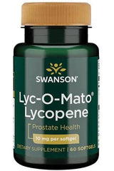 Swanson Lyc-O-Mato Lycopene 10mg softgel bottle for prostate health, dietary supplement with 60 capsules.