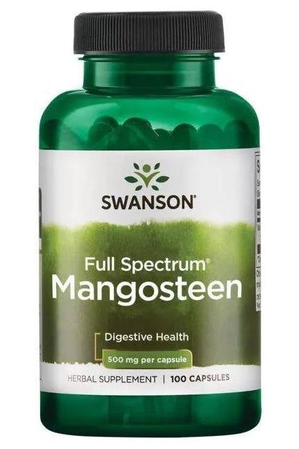 Swanson Mangosteen supplement bottle, 500 mg per capsule, 100 capsules for digestive health.