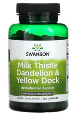 Swanson Milk Thistle Dandelion & Yellow Dock herbal supplement bottle for natural liver cleanse, 120 capsules.