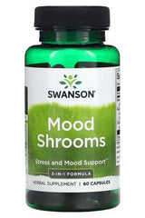 Swanson Mood Shrooms supplement bottle for stress and mood support, containing 60 capsules.