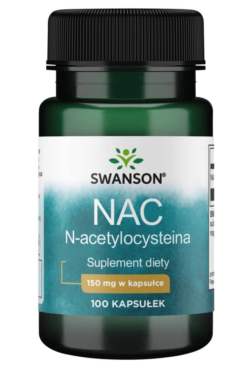Swanson NAC N-Acetyl-L-Cysteine 150 mg dietary supplement in a green bottle with 100 capsules.