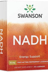Swanson NADH energy support supplement box featuring 10 mg fast-acting peppermint lozenges for dietary support.