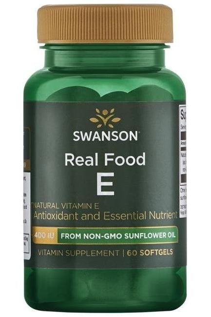 Swanson Natural Vitamin E supplement from non-GMO sunflower oil, 400 IU, in 60 softgels.