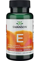 Swanson Natural Vitamin E supplement bottle, 200 IU, 250 softgels, antioxidant and essential nutrient.