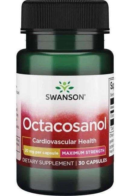 Swanson Octacosanol bottle for cardiovascular health, maximum strength with 20 mg per capsule, 30 capsules.