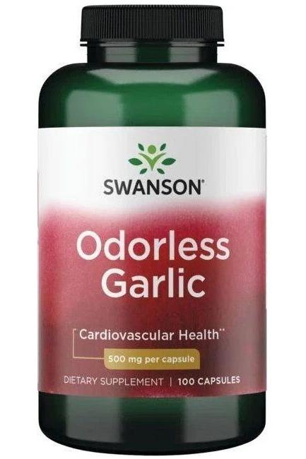 Swanson Odorless Garlic capsules for cardiovascular health, 500 mg per capsule, 100 count bottle.