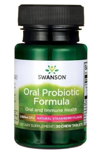 Swanson Oral Probiotic Formula bottle, 30 chew tablets for oral and immune health with natural strawberry flavor.