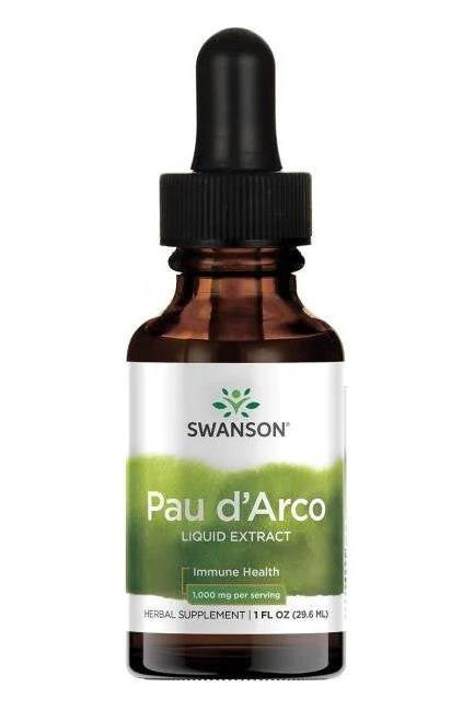 Swanson Pau D'Arco Liquid Extract 29.6 ml, an immune support herbal supplement in a dropper bottle.