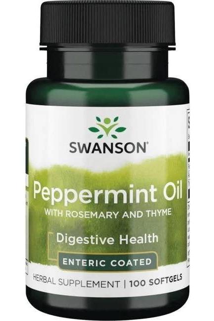 Swanson Peppermint Oil with Rosemary and Thyme, 100 softgels for digestive health and relaxation.