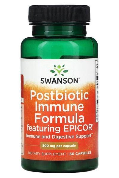 Swanson Postbiotic Immune Formula featuring EPICOR in green bottle with 60 capsules for immune and digestive support.