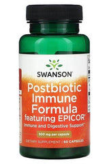 Swanson Postbiotic Immune Formula featuring EPICOR in green bottle with 60 capsules for immune and digestive support.