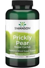 Swanson Prickly Pear supplement bottle, 650 mg, 180 capsules for blood sugar support and weight management.