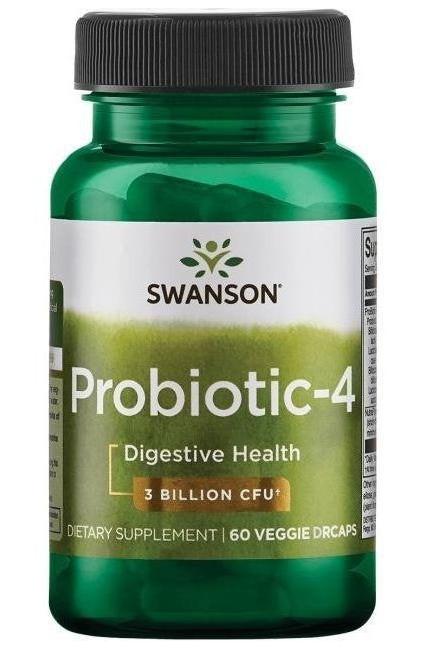 Swanson Probiotic-4 in green bottle, dietary supplement for digestive health with 3 billion CFU, 60 veggie drcaps.