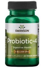 Swanson Probiotic-4 in green bottle, dietary supplement for digestive health with 3 billion CFU, 60 veggie drcaps.