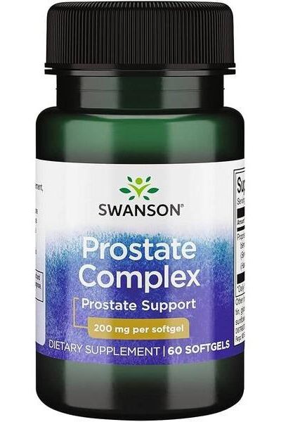 Swanson Prostate Complex dietary supplement bottle designed for prostate health support, featuring 200 mg per softgel.