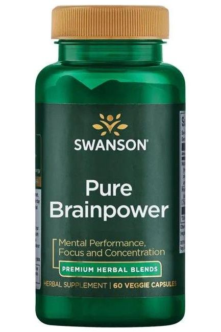 Swanson Pure Brainpower supplement bottle for mental performance and focus, featuring 60 veggie capsules.