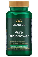 Swanson Pure Brainpower supplement bottle for mental performance and focus, featuring 60 veggie capsules.
