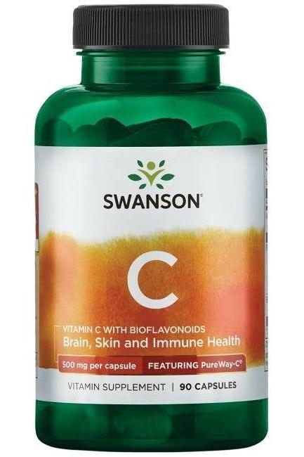 Swanson Pureway-C Vitamin C capsules for immune and skin health, 500 mg per capsule, 90 count.