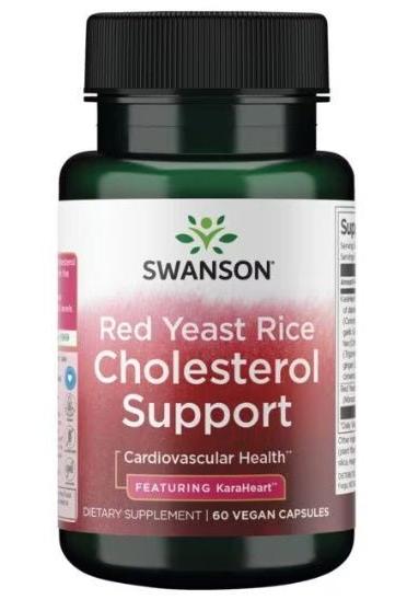 Swanson Red Yeast Rice Cholesterol Support supplement bottle with 60 vegan capsules for cardiovascular health.