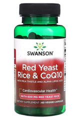 Swanson Red Yeast Rice & CoQ10 dietary supplement for cardiovascular health, contains 600 mg red yeast rice in veggie capsules.