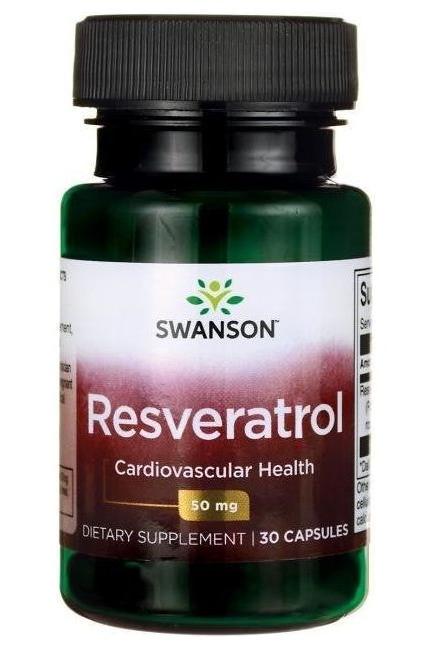 Swanson Resveratrol dietary supplement bottle, 50 mg, 30 capsules for cardiovascular health.