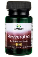 Swanson Resveratrol dietary supplement bottle, 50 mg, 30 capsules for cardiovascular health.