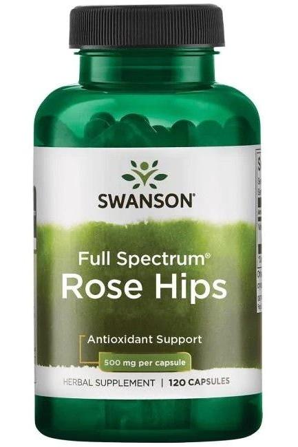 Swanson Rose Hips supplement bottle, 500 mg per capsule, 120 capsules, antioxidant support.