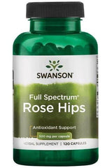 Swanson Rose Hips supplement bottle, 500 mg per capsule, 120 capsules, antioxidant support.