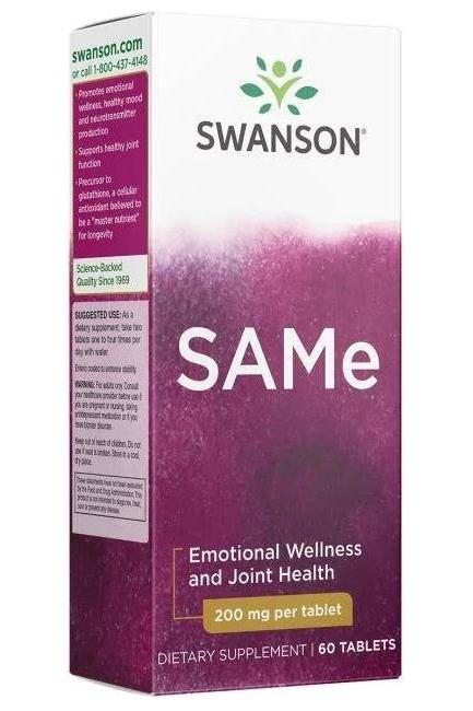 Swanson SAMe dietary supplement box for emotional wellness, 200 mg per tablet, contains 60 tablets.