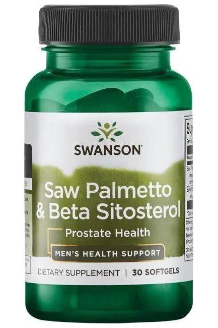 Swanson Saw Palmetto & Beta-Sitosterol dietary supplement for prostate health in green bottle, 30 softgels.