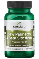 Swanson Saw Palmetto & Beta-Sitosterol dietary supplement for prostate health in green bottle, 30 softgels.