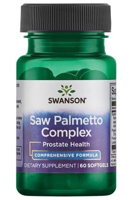 Swanson Saw Palmetto Complex dietary supplement for prostate health in a green softgel bottle, 60 count.