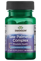 Swanson Saw Palmetto Complex dietary supplement for prostate health in a green softgel bottle, 60 count.