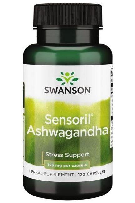 Swanson Sensoril Ashwagandha bottle, 120 capsules, herbal supplement for stress support and relaxation.